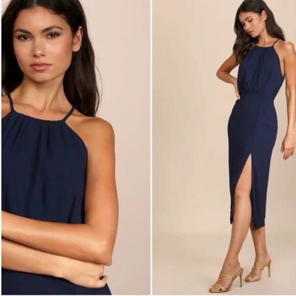 Lulus Navy Blue Pleated Chiffon Sleeveless Cocktail Dress| XL - Picture 2 of 10